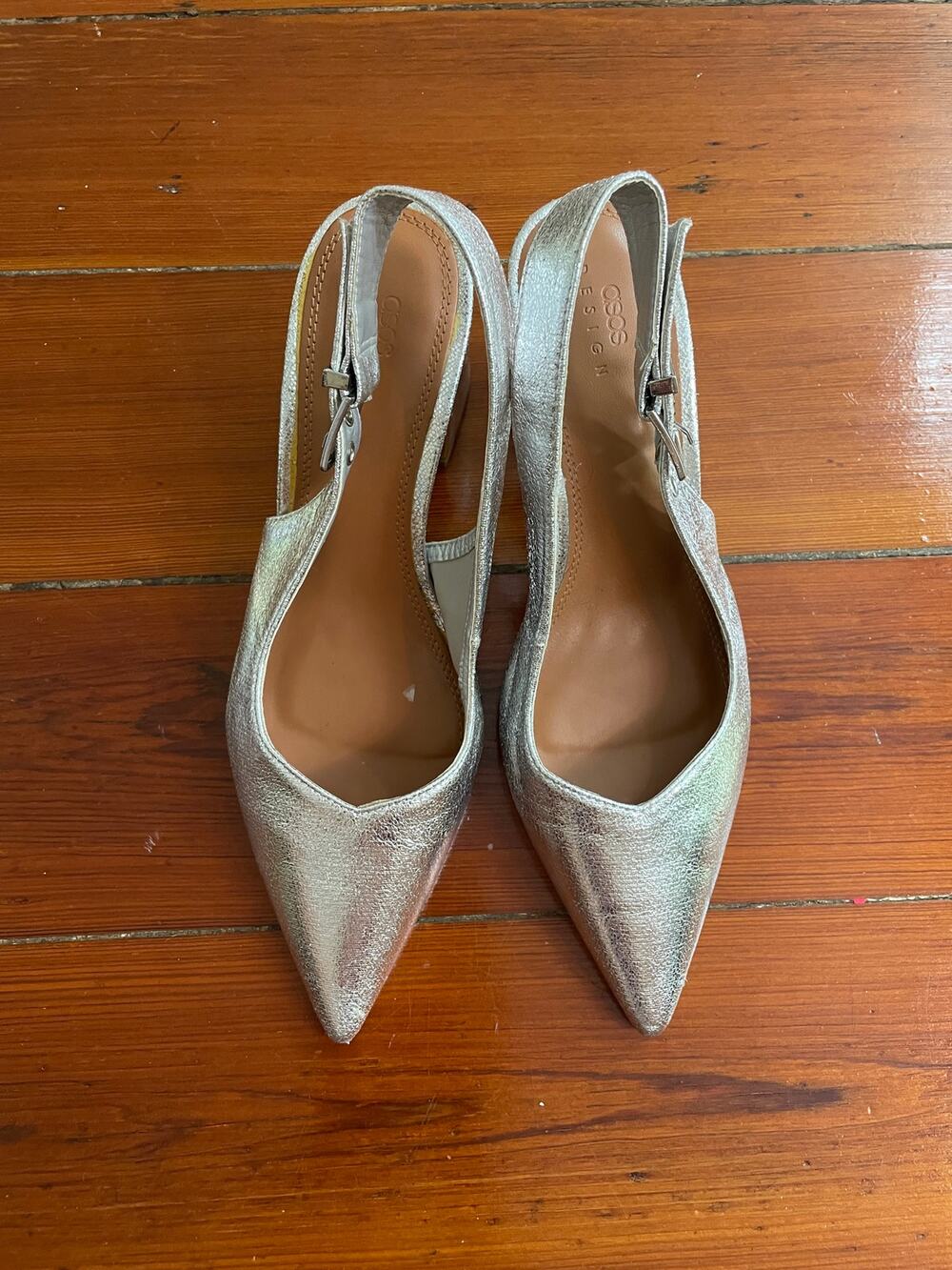 ASOS DESIGN Silver Metallic Pointed Toe Slingback Block Heel Pumps US 8